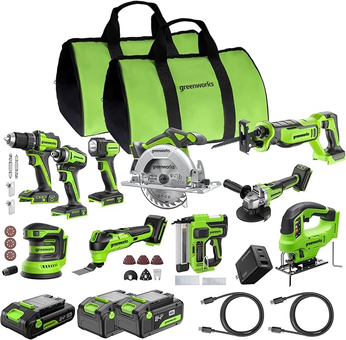 Greenworks 24V Brushless 10PC Power Tool Combo, Drill+Impact Driver+Circular Saw+Recip Saw+Jig Saw+Sander+Light+Multi-Tool+Nailer+Grinder (2) 4.0Ah+2.0Ah Batteries (24,000mAh Power Bank) USB-C Charger