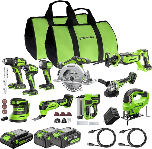 Greenworks 24V Brushless 10PC Power Tool Combo, Drill+Impact Driver+Circular Saw+Recip Saw+Jig Saw+Sander+Light+Multi-Tool+Nailer+Grinder (2) 4.0Ah+2.0Ah Batteries (24,000mAh Power Bank) USB-C Charger