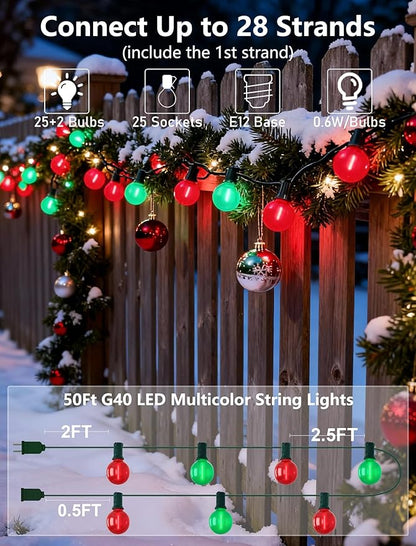 50Ft Outdoor Frosted Red and Green Christmas Lights,LED G40 Globe Patio Christmas Lights with 25 Red and Green Bulbs(2 Spare),Vintage Hanging Light for Tree Garden Porches Xmas Holiday