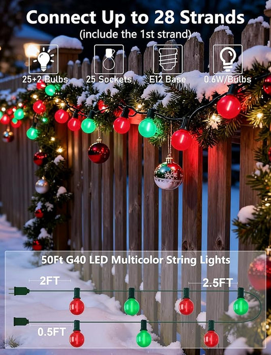 50Ft Outdoor Frosted Red and Green Christmas Lights,LED G40 Globe Patio Christmas Lights with 25 Red and Green Bulbs(2 Spare),Vintage Hanging Light for Tree Garden Porches Xmas Holiday
