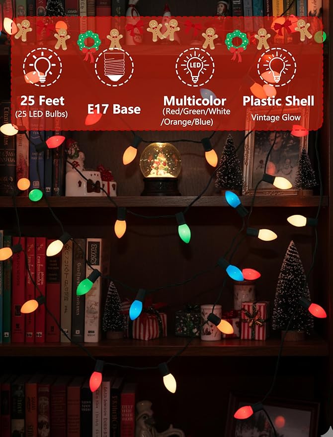 SUNSGNE Vintage C9 LED Christmas Lights Outdoor, 25FT C9 Retro Christmas Lights with 25 LED Shatterproof Bulbs for Roofline Holiday Party Indoor Outdoor Garden Patio Backyard Xmas Decoration