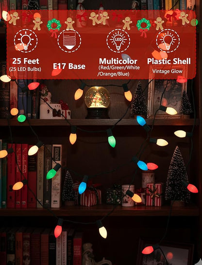 SUNSGNE Vintage C9 LED Christmas Lights Outdoor, 25FT C9 Retro Christmas Lights with 25 LED Shatterproof Bulbs for Roofline Holiday Party Indoor Outdoor Garden Patio Backyard Xmas Decoration