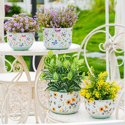 Butterfly & Bee Metal Planters Set of 2 – Decorative Flower Pots with Colorful Garden Prints, Outdoor & Indoor Use Cute Spring Floral Design for Patio, Balcony, Home Decor (Bee)