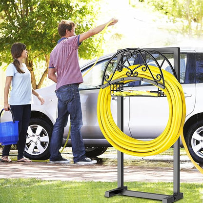 Garden Hose Holder Hanger Freestanding, Upgraded 4 Spikes Heavy Duty Storage Reel Stand with Storage Basket, Holds 150ft Hose for Outside Garden Yard Lawn vegetable patch