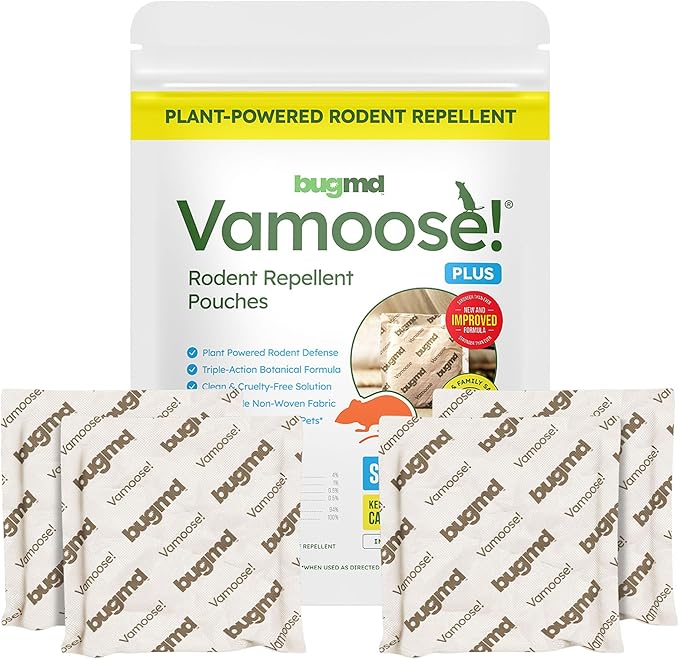 BugMD Vamoose! Plus Peppermint Oil Mouse Repellent Pouches | Natural Mice Repellent Indoor & Rat Deterrent for House, Garage, RV, Car & Storage | Plant-Powered Rodent Control - 1 Pack - 4 Pouches