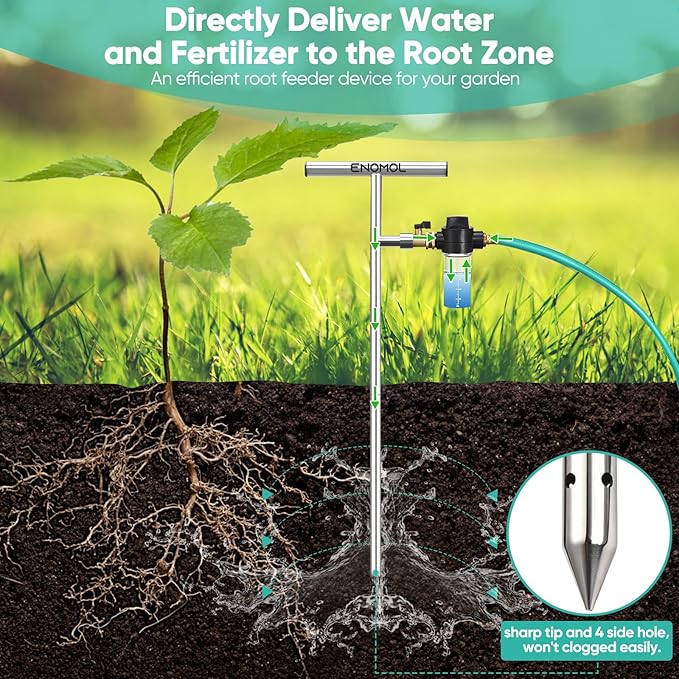 Stainless Steel Deep Root Tree Watering Tool,Root Feeder with Fertilizer Bottle Watering Wand Irrigation System Watering Stake,for Trees Bushes Shrubs Fruit Trees with Brass Valve T-Handle
