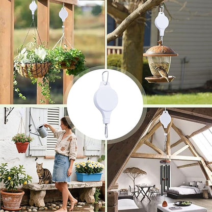Retractable Plant Hanger with Pulley System, Effortless Raising and Lowering for Indoor and Outdoor Plants, Hanging Planters, Garden Pots & Bird Feeders (4-Pack,White)