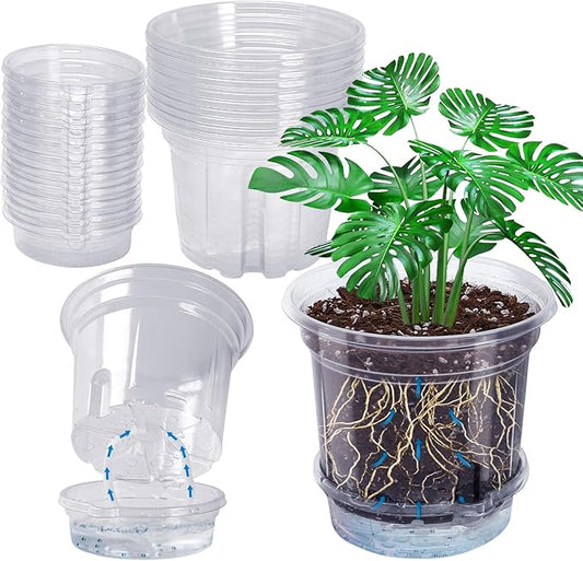 MIXC 12 Packs 5 Inch Self Watering Pots for Indoor Plants - Clear Nursery Plant Pots with Drainage, Deep Visible Reservoir - Flower Planter Outdoor with Wicking Rope