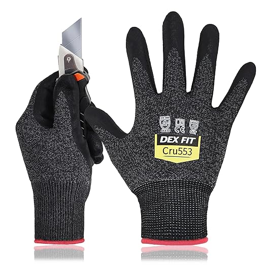 DEX FIT Level 5 Cut Resistant Gloves Cru553, 3D-Comfort Stretchy Fit, Power Grip, Professional Grade, Thin, Touch-Screen Compatible, Durable, Machine Washable; Black Gray XXL (11) 1 Pair