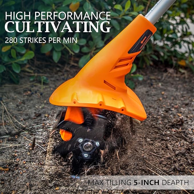Ukoke Cordless Tiller Cultivator 20V 2.5 A Battery 280 max RPM Powered Tiller Cultivator, w/24 Steel Blade Cultivate Max Tilling 5'' deep Path by 7.8'' Wide, Orange, ST1902