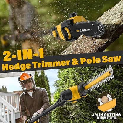 Pole Saw 8-Inch Cordless Tree Trimmer and 18-Inch Pole Hedge Trimmer 2-In-1, 15-Feet Max Reach, Pole Chainsaw, Auto Oiling, with 2x3.0Ah Battery & Charger, for Tree Trimming and Shrubs Pruning