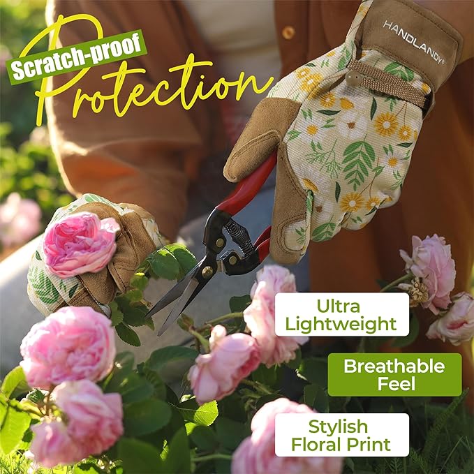 HANDLANDY Gardening Gloves for Women, Breathable Ladies Leather Garden Yard Gloves Best Gift for Gardeners