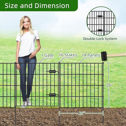 Metal Garden Fence 28in (H) x 35ft (L), 1 Gate + 14 Panels Dog Fences Border Fence Animal Barrier, No Dig Garden Fencing for Yard Flower Bed Lawn Patio Outdoor, PIN282815G Black