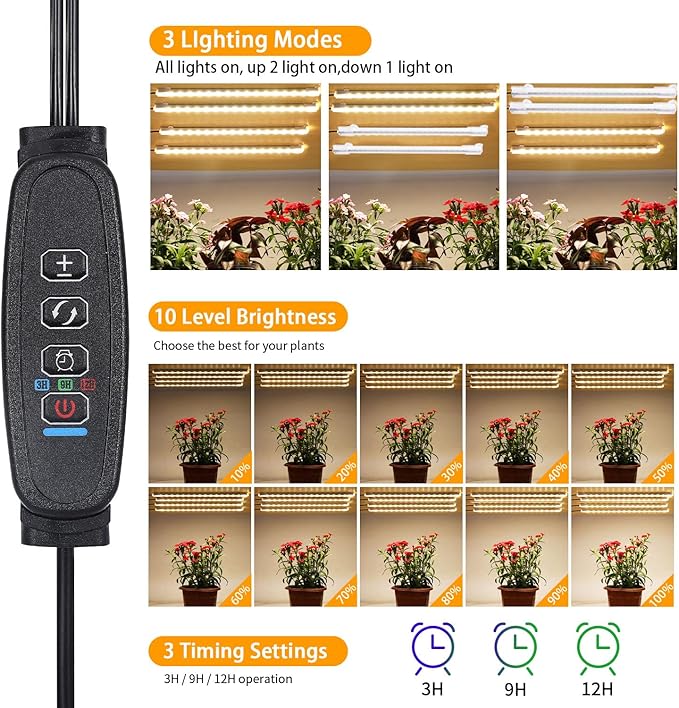 8.6'' LED Plant Growing Light Strips, Full Spectrum 3500K Grow Light for Indoor Plants with 3/9/12H Timer, 10 Dimmable Levels for Seedling Succulent and Plant Shelf, 4 Head 2 Pack