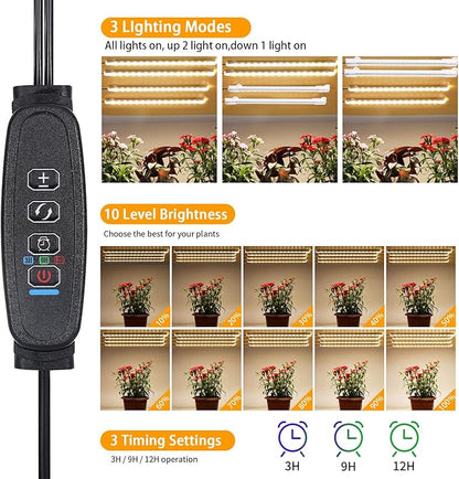 8.6'' LED Plant Growing Light Strips, Full Spectrum 3500K Grow Light for Indoor Plants with 3/9/12H Timer, 10 Dimmable Levels for Seedling Succulent and Plant Shelf, 4 Head 2 Pack