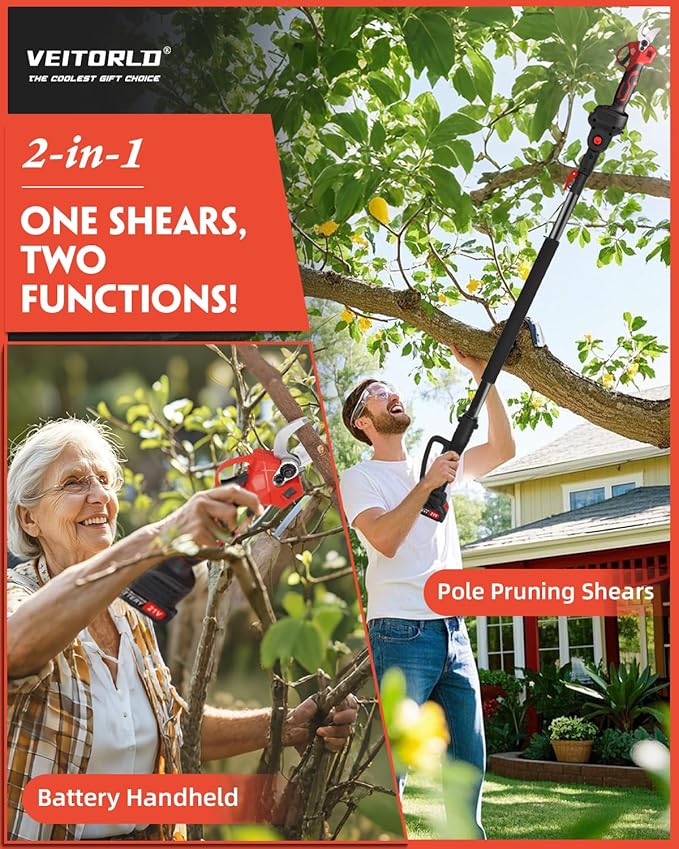 2-IN-1 Cordless Electric Pole Pruning Shears, 13ft Reach, 1.2" Cutting Diameter, 2000mAh Battery Powered, Brushless Motor for Efficient Garden Tree Trimming, Branch Cutting（Red）