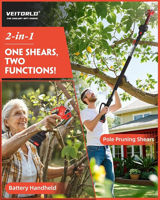 2-IN-1 Cordless Electric Pole Pruning Shears, 13ft Reach, 1.2" Cutting Diameter, 2000mAh Battery Powered, Brushless Motor for Efficient Garden Tree Trimming, Branch Cutting（Red）