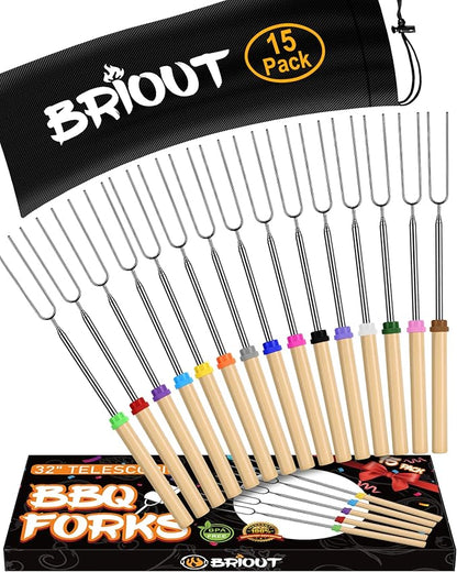 Briout Extendable Stainless Steel Roasting Sticks - Smores Sticks for Fire Pit Long 32 Inch, Smore Skewers Hot Dog Fork Campfire Accessories, Camping Essentials for S'mores - 15 Pack