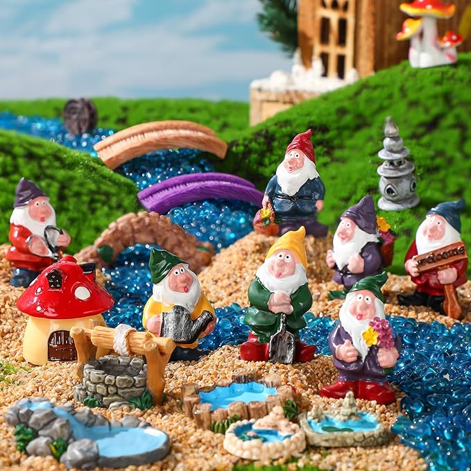 Unittype 19 Pcs Gnome Garden Accessories Tiny Fairy Gnome Figurines Miniature Bridge Mushroom Lighthouse Water Well Pond Resin Garden Decorations Miniature Figurines for Craft