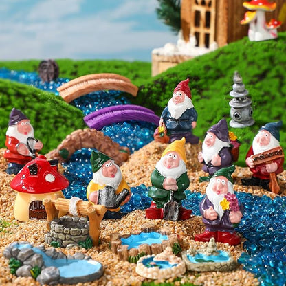 Unittype 19 Pcs Gnome Garden Accessories Tiny Fairy Gnome Figurines Miniature Bridge Mushroom Lighthouse Water Well Pond Resin Garden Decorations Miniature Figurines for Craft