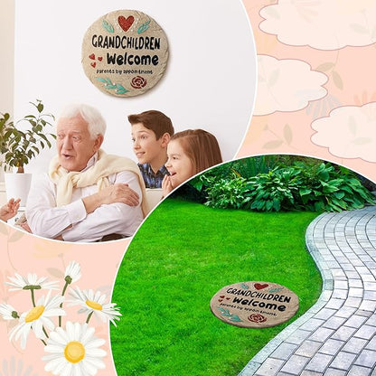 Grandchildren Welcome Stepping Stone - 10 Inch Resin Grandparents Gift, Spring Home Decoration for Lawn