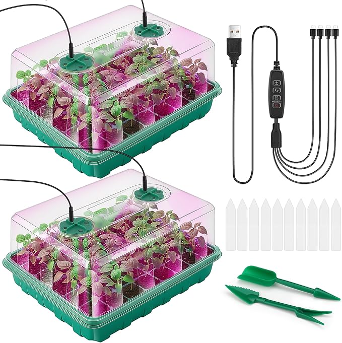 96 Cells Seed Starter Tray with Lights, 2 Packs Seed Starter Kit with Humidity Vented Domes and High Lid, Adjustable Brightness Germination Kit for Indoor Greenhouse Seed Starter