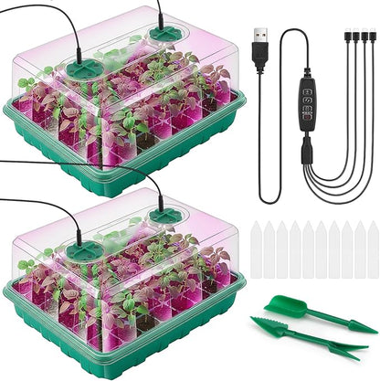 96 Cells Seed Starter Tray with Lights, 2 Packs Seed Starter Kit with Humidity Vented Domes and High Lid, Adjustable Brightness Germination Kit for Indoor Greenhouse Seed Starter