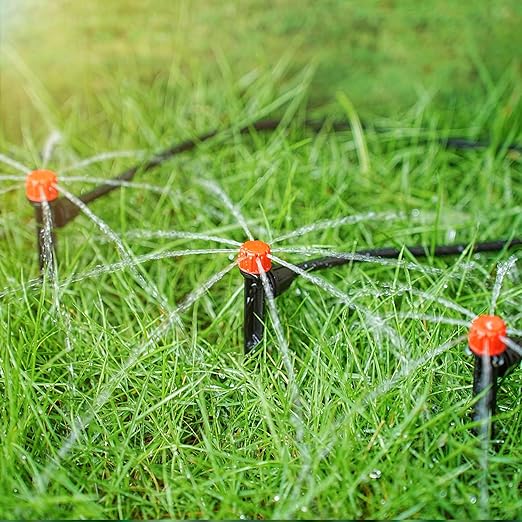 50pcs Drip Emitters for 1/4" Irrigation Tubing, Easy Connect Adjustable 360 Degree Water Flow Sprayer On 5" Stake for 4/7mm Tube Locked Drippers for Garden, Flower, Plant