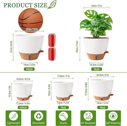 Self Watering Pots for Inoor Ourdoor Plants 10/9/8/7/6.5 Inch Plastic Planters with Drainage Holes & Water Level Indicator, Decorative House Flower Nursery Planting Pots with Saucers ((White)