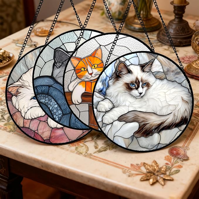 Stained Glass Window Hanging 4 Pcs Set Cute Cat 6.3" - Suncatcher Door Garden Sun Catcher Decor Birthday Mother's Day Christmas Comfort Gifts for Lost Pet Woman Nana Mom Men Friend