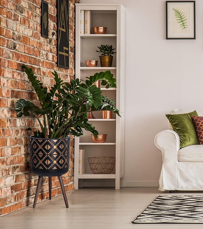 D'vine Dev 14 Inch Planter Pot with Stand, Mid-Century Tall Plant Pot with Legs for Indoor Plants, Bronze/Black, 88-G-D-6