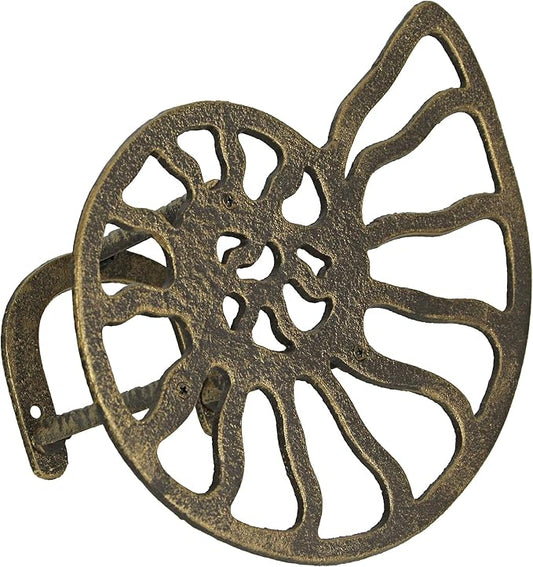 12-Inch Bronze Finish Cast Iron Nautilus Seashell Decorative Hose Holder: Wall-Mounted Outdoor Nautical Décor for Stylish and Functional Garden Organization