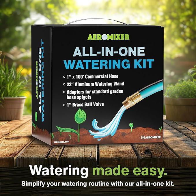 Aeromixer THE HOSE: All-In-One Watering Kit - Heavy Duty 1" 100 Ft Garden Hose, Kinkless Garden Hoses, Commercial Grade Water Hoses, 650 PSI High-Pressure Watering Tool for Farming and Gardening