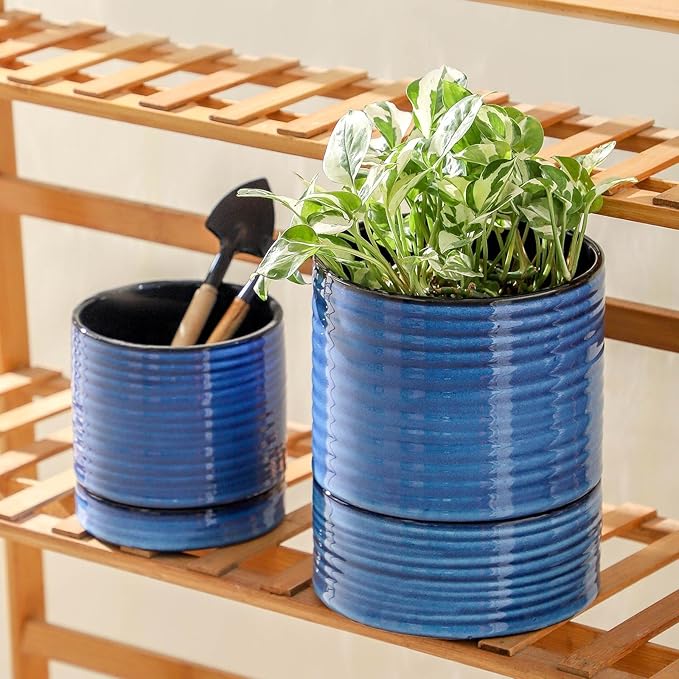 HASENSE Self Watering Pots for Indoor Plant, 6 Inch Porcelain Planter with Drainage Hole & Water Storage Plus for Indoor & Outdoor Plants, Round Flower Pot for Christmas Thanksgiving Gift, Blue