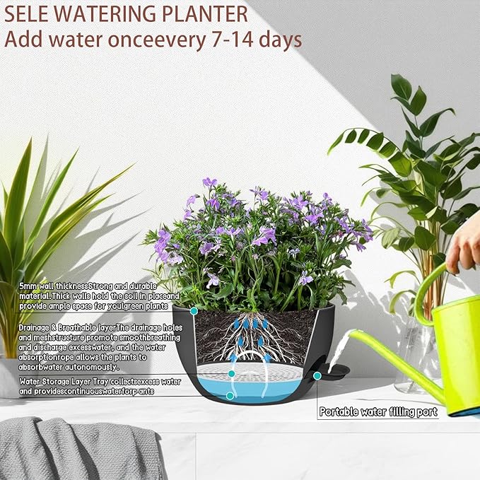 2 Pack 12 Inch Large Hanging Planters with Chains Self Watering Black Plastic Hanging Pots for Indoor Outdoor Plants, Garden Porch Home Decor，Black