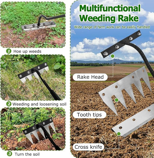 Forged Iron Weeding Rake,Gardenia 2.0 Iron Weed Rake with Long Handle,Thickened 5 Teeth Carbon Steel Garden Weeding and Leaf Removal Tools