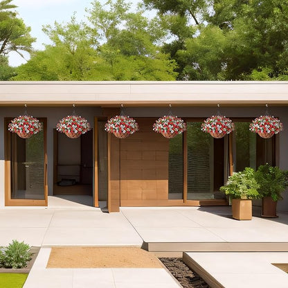 Artificial Silk Flowers Hanging Baskets Outdoors Indoors,Daisy with Eucalyptus Leaves Arrangement for Garden Yard Spring Summer Decor,Faux Green Plant in Metal Coconut Lining Flowerpot(Red and White)