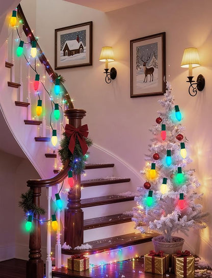 25Ft Multicolor Christmas Lights Outdoor, C9 7W Vintage Ceramic Christmas String Lights with 26 Colorful Bulbs, Hanging Patio Lights for Porch Roofline Christmas Tree Garden Pathway Indoor Decor