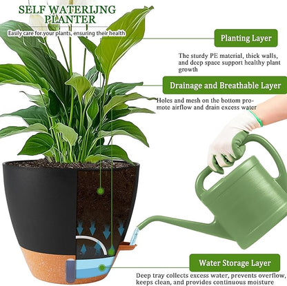 8/10/12 Inch Self Watering Pots for Indoor/Outdoor Plants - Large Plastic Planter with Drainage Holes, Water Level Indicator & Deep Reservoir, Modern Decorative Flower Pots (Black)