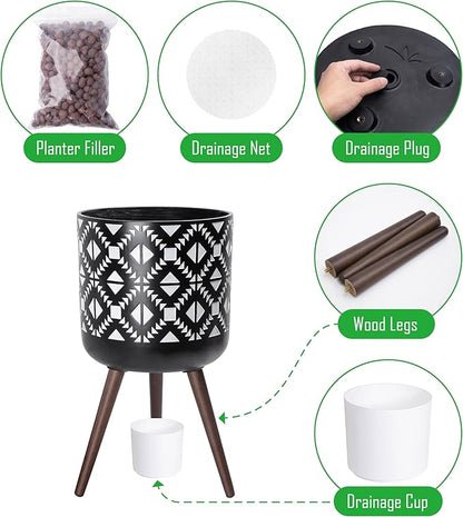 D'vine Dev 14 Inch Planter Pot with Stand, Mid-Century Tall Plant Pot with Legs for Indoor Plants, White/Black, 88-G-D-4