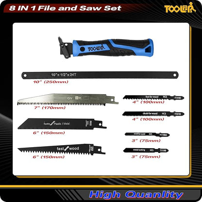 8-In-1 Multi Blades Hand Saw, Drywall Cutter. Hacksaw. Long Blade, Jab Saw, For Cutting Drywall, Sheetrock, Wood, Metel, Plastic, Plywood. Blade Quick Change Mechanism. Blue Handle