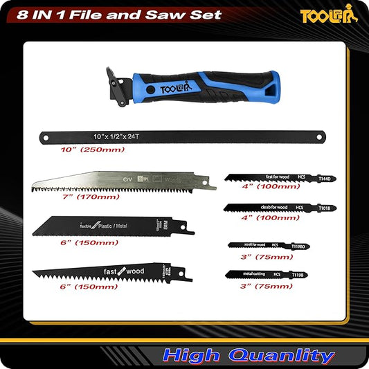 8-In-1 Multi Blades Hand Saw, Drywall Cutter. Hacksaw. Long Blade, Jab Saw, For Cutting Drywall, Sheetrock, Wood, Metel, Plastic, Plywood. Blade Quick Change Mechanism. Blue Handle