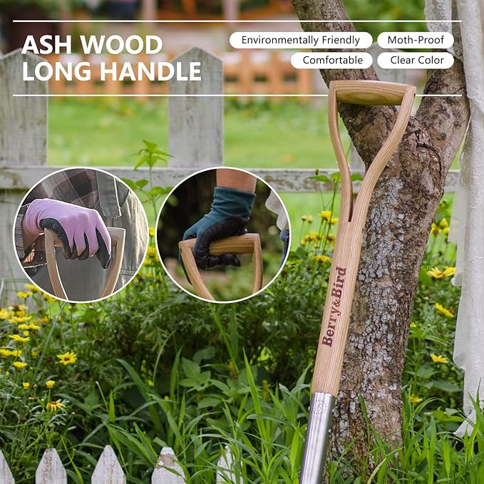 Berry&Bird Shovels for Digging, 43’’ Round Spade Heavy Duty Shovel with Wooden D Handle Stainless Steel Snow Shovel Garden Shovel Yard for Transplanting & Outdoor