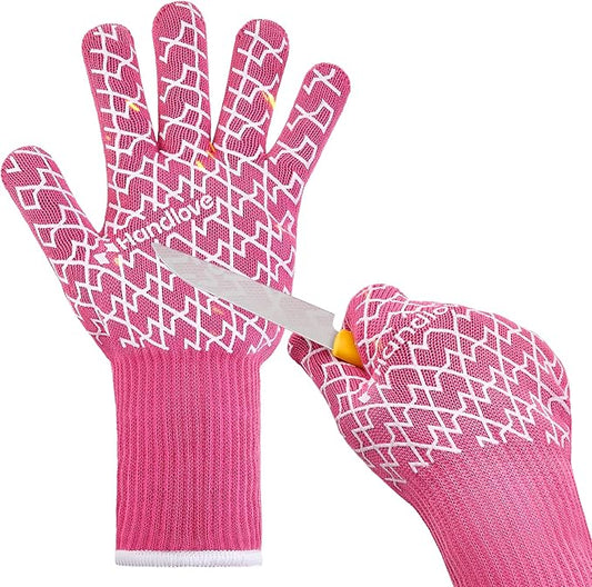 HandLove BBQ Gloves, Oven Gloves with Fingers – Heat Resistant Gloves for Grilling | Silicone Grip, Long Cuff Mitts - Kitchen & Outdoor Barbecue, Cooking, Baking, Pink L