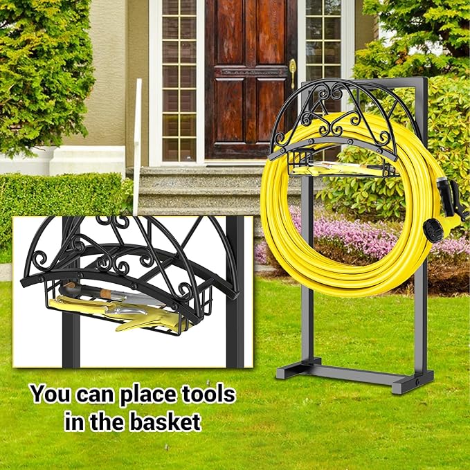 Garden Hose Holder Hanger Freestanding, Upgraded 4 Spikes Heavy Duty Storage Reel Stand with Storage Basket, Holds 150ft Hose for Outside Garden Yard Lawn vegetable patch