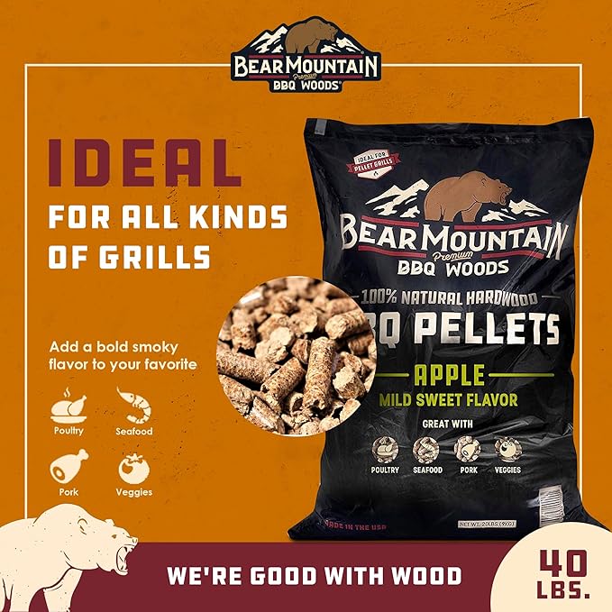 Bear Mountain All Natural Wood Pellets for Smoker, Grill & BBQ, 40 Lbs, Apple - Premium Hardwood Barbecue Pellets for Indoor and Outdoor Grilling