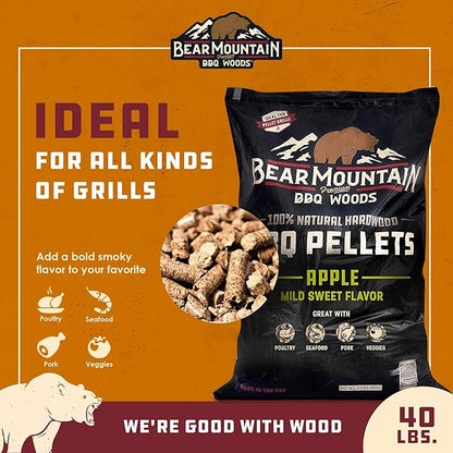 Bear Mountain All Natural Wood Pellets for Smoker, Grill & BBQ, 40 Lbs, Apple - Premium Hardwood Barbecue Pellets for Indoor and Outdoor Grilling