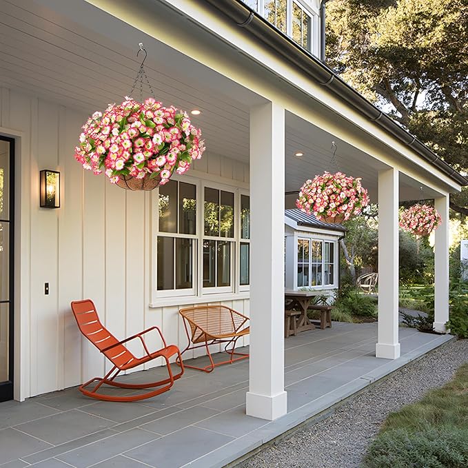 Artificial Hanging Flower Plants with Basket for Outdoor Decoration, Faux Petunias Flowers Fake Morning Glories Planter for Outside Patio Garden Porch Balcony Yard Decor(Pink)