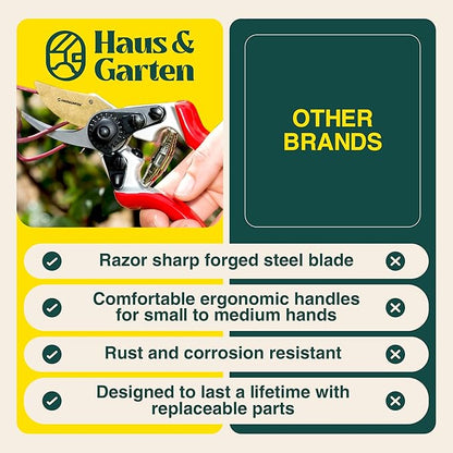 Haus & Garten PrecisionPRO 8" Titanium Pruning Shears - Heavy Duty Professional Bypass Pruner - Use As Rose Clippers, Premium Gardening Secateurs, Garden Scissors, Handheld Yard, Tree, & Plant Tool
