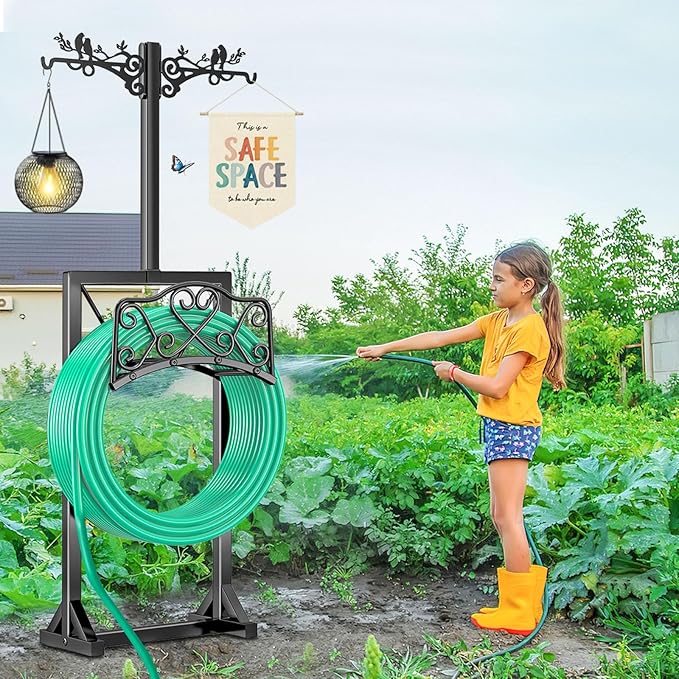Garden Hose Holder, Freedstanding Heavy Duty Garden Water Hose Holder Stand with 2 Shepherds Hooks, Detachable Metal Hose Storage Hanger Rack for Outside Yard Lawn Farm